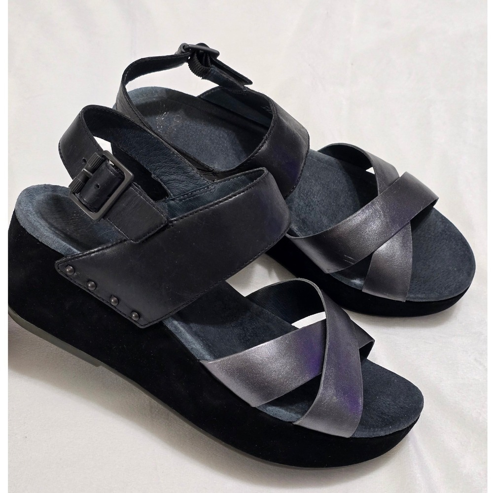 Dansko Womens Black Metallic Pewter Leather Wedge Platform Sandals 39 1222021097